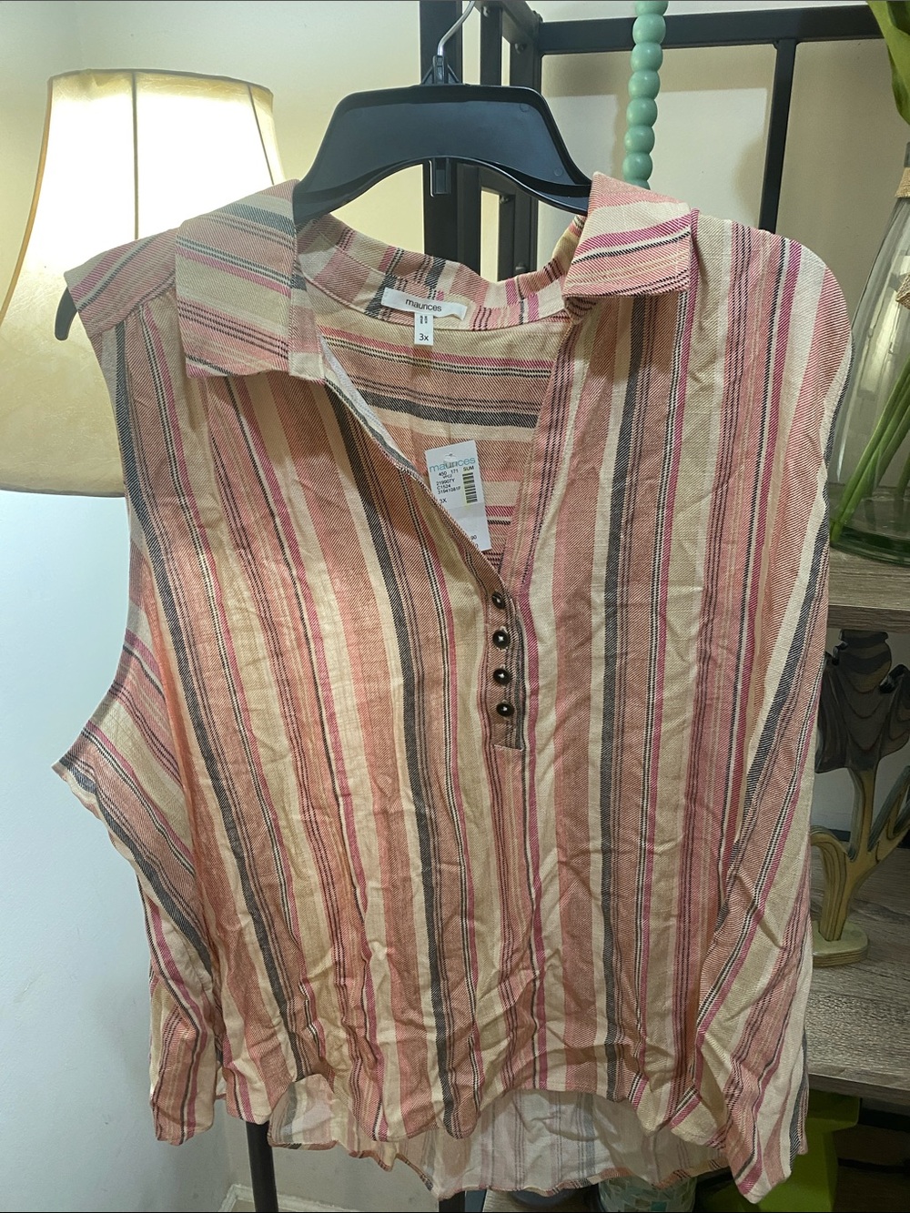 Maurices Striped Sleeveless Collared Tank in Pink, Cream & Brown